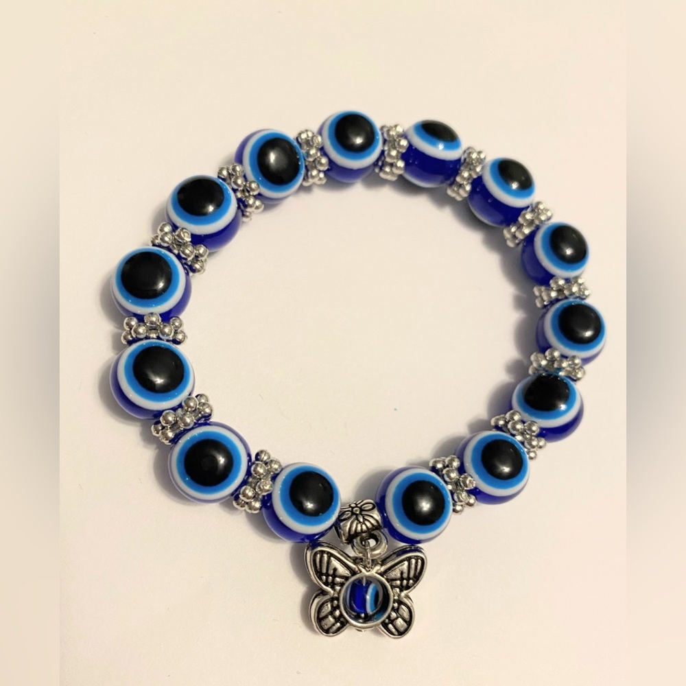 Blue Evil Eye Bracelet with Butterfly Charm